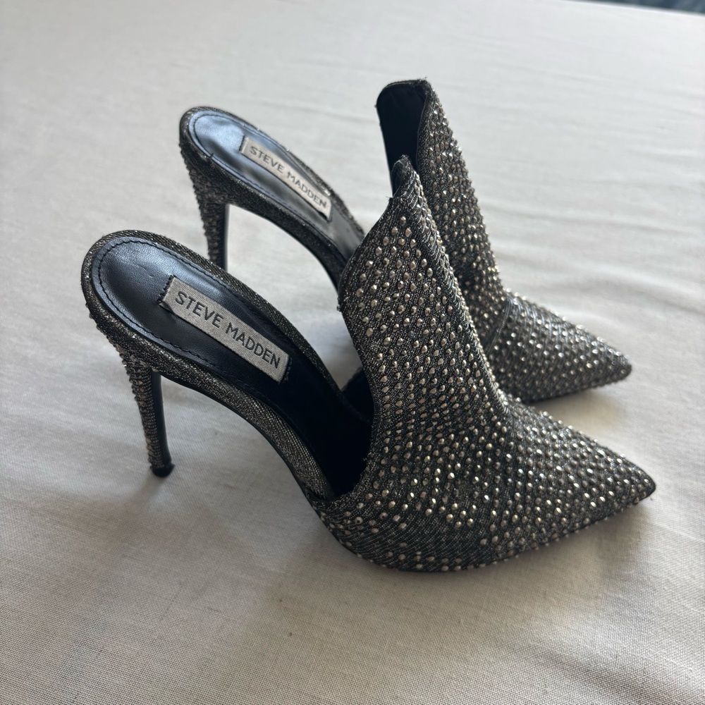 Steve Madden SKY Rhinestone Heels Mules 8M | Sparkly Party Stiletto Pumps